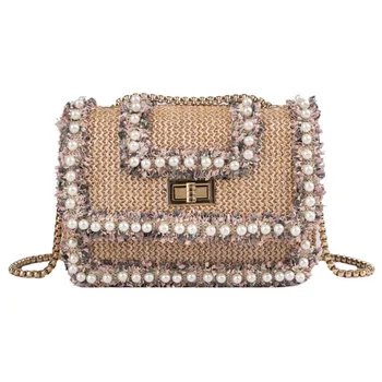

Women Handbag Knitted Straw Bag Women Shoulder Bag Rattan Bag Beaded Pearl Bags Chain Shoulder Bag luxury brand party handbag