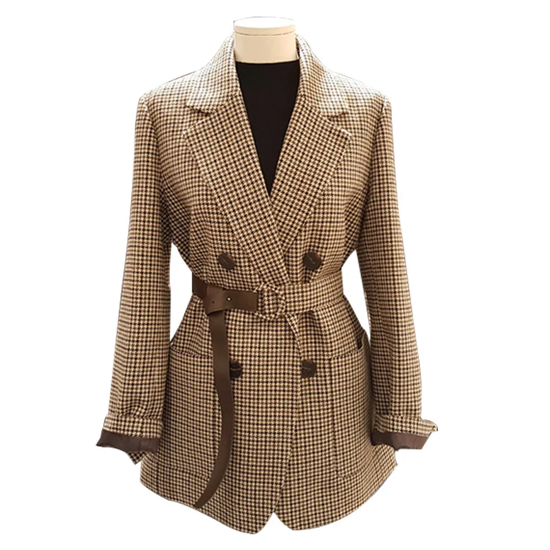 Vintage Double Breasted Office Ladies Plaid Blazer with belt Long Sleeve  Houndstooth Suit Coat Jacket Women blazers Female