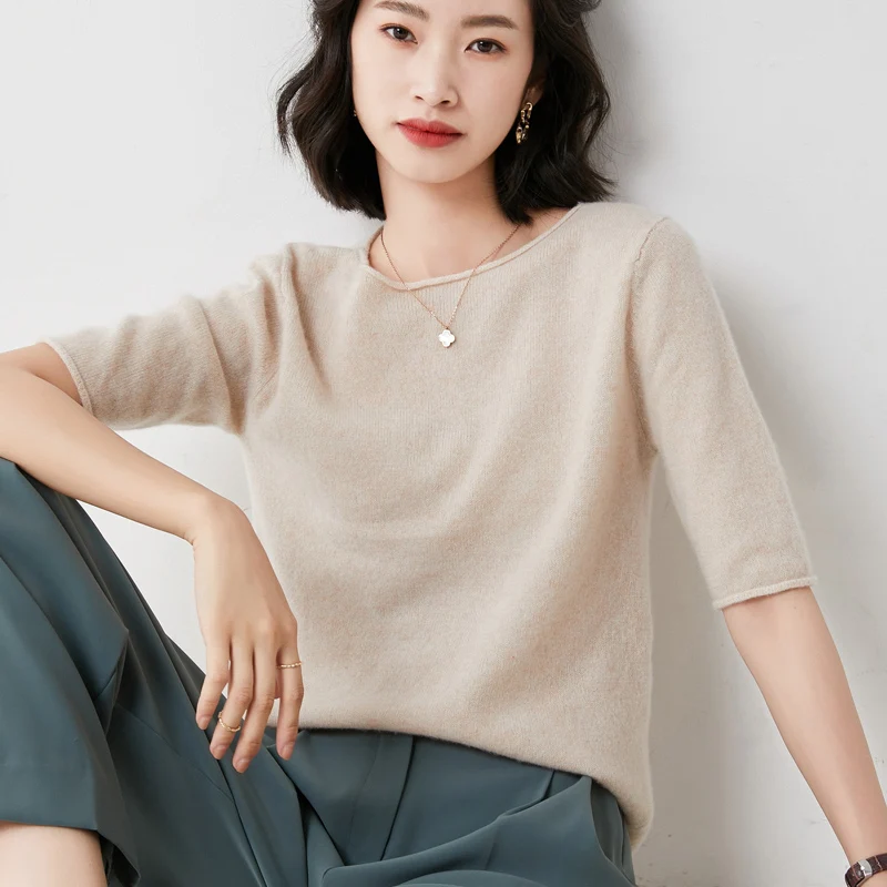 Suéter de manga corta tejido con cuello redondo para mujer, camiseta de parte baja holgada, color sólido, primavera y verano, 2021