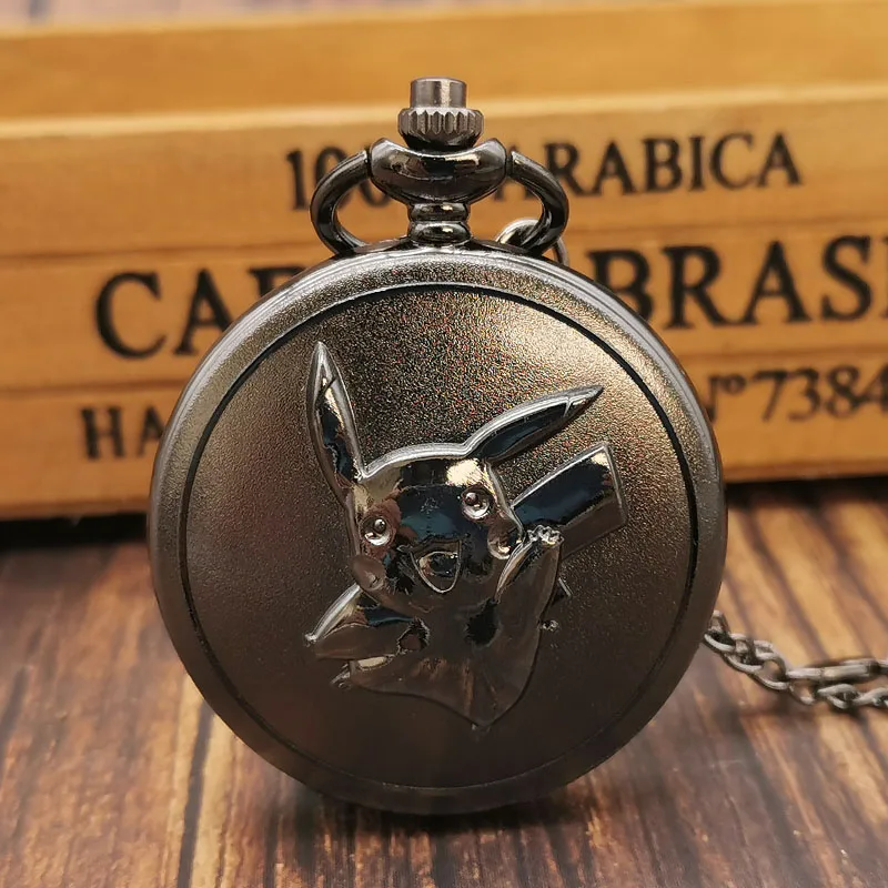 New Arrival Pikachu Black Quartz Pocket Watches Mens Analog Fob Watch Pendant Chain Gift Kids Toy Ball Pokemon for Men Women | Наручные