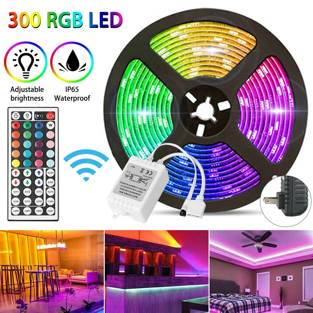 

RGB 5M 16.4ft Waterproof 3528 SMD 300 LED Flexible Light Strip 12V+44 Key Remote