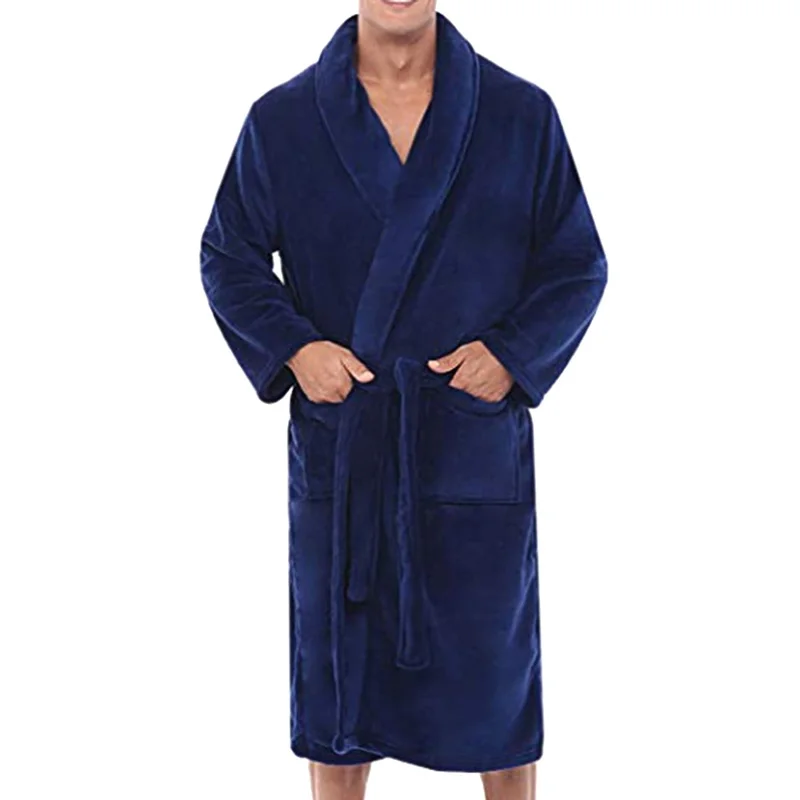 Новые мужские зимние теплый плюш удлиненный шаль Халат домашний Душ одежда длинный халат пальто DO99 - Цвет: Синий
