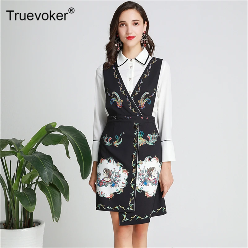 

Truevoker New Autumn Designer Runway Dresses Women's Vintage Floral Printed Vest Dress With White Blouses Two In One Dress