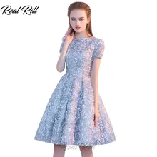 RealRill вырез лодочкой с короткими рукавами платья из тюля на вечер встречи выпускников платье с Аппликация Длина колена короткое платье А-силуэт Выпускные платья