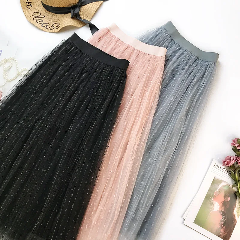 Женские Асимметричные тюлевые юбки Эластичная Высокая талия сетчатая юбка-пачка со складками длинная юбка миди Saias Faldas Jupe Femmle