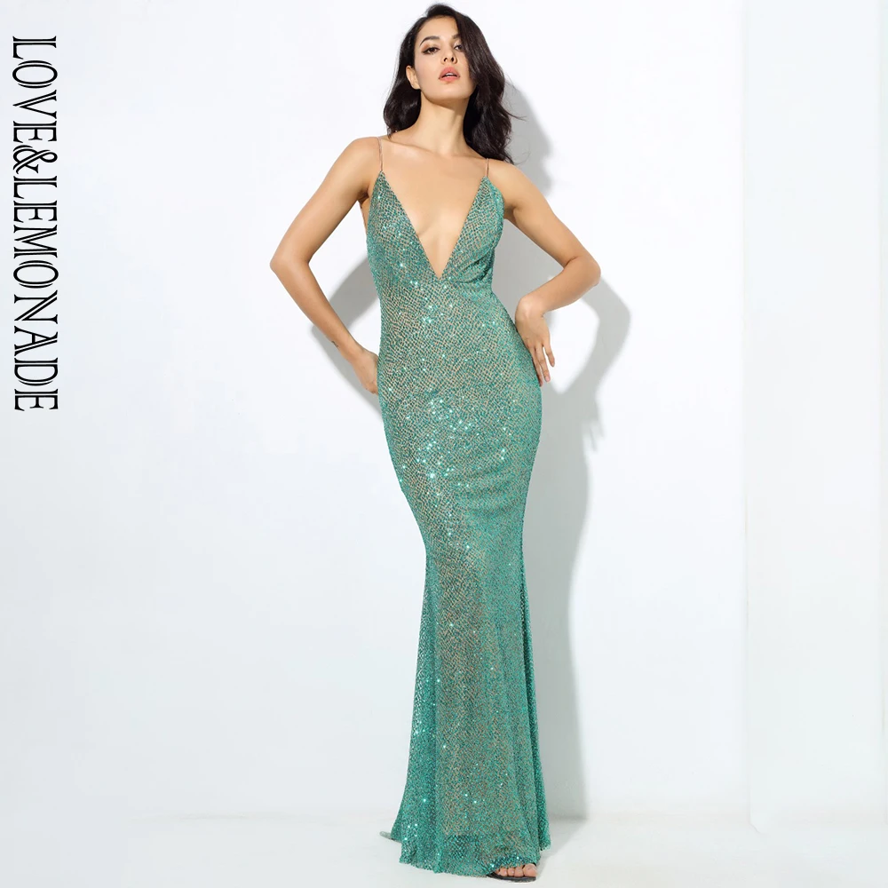 LOVE&LEMONADE green Deep V Collar Exposed Bead Material Long Dresses LM80386-4 LOVE&LEMONADE green Deep V Collar Exposed Bead Material Long Dresses LM80386-4