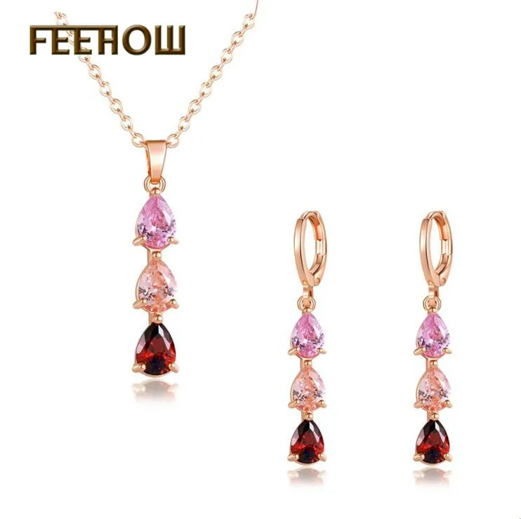 FEEHOW Shiny Mutilcolor Water-Drop Cubic Zirconia Earrings Necklace Set for Women Bridal Wedding Party Jewelry FWSL3019 | Украшения и