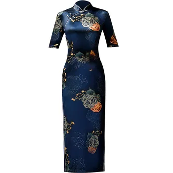 

New Arrival Oversize 3XL 4XL 5XL Autumn Vintage Half Sleeve Cheongsam Sexy Women Formal Long Dress Print Flower Velour Qipao