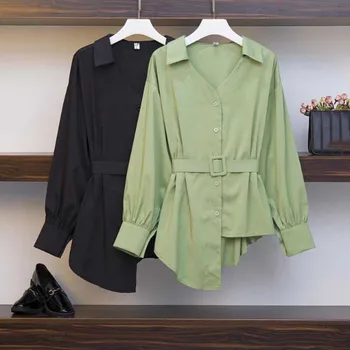 

Women's 2020 Spring and Autumn Temperament Fashion Waist Irregular Long Sleeve Turn-Down Collar Ladies Office Chemise Femme F148