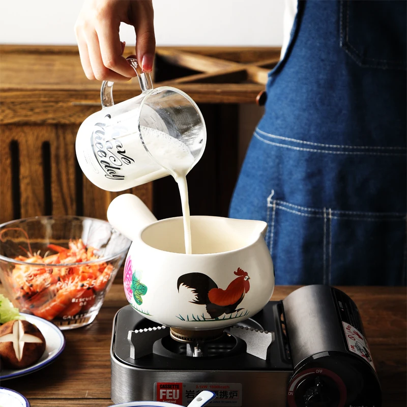 

700ML Big Red Cock Pattern Mini Ceramic Cookware Casserole Food Supplement Milk Pot Single Handle Porridge Pot Small Stockpot