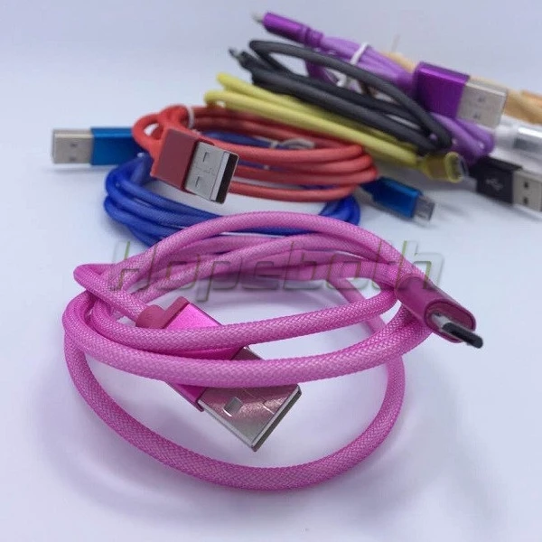 100pcs colorful 1M 3ft Aluminum Alloy micro 5pin fabric fish net braided metal head micro usb data charger for huawei samsung