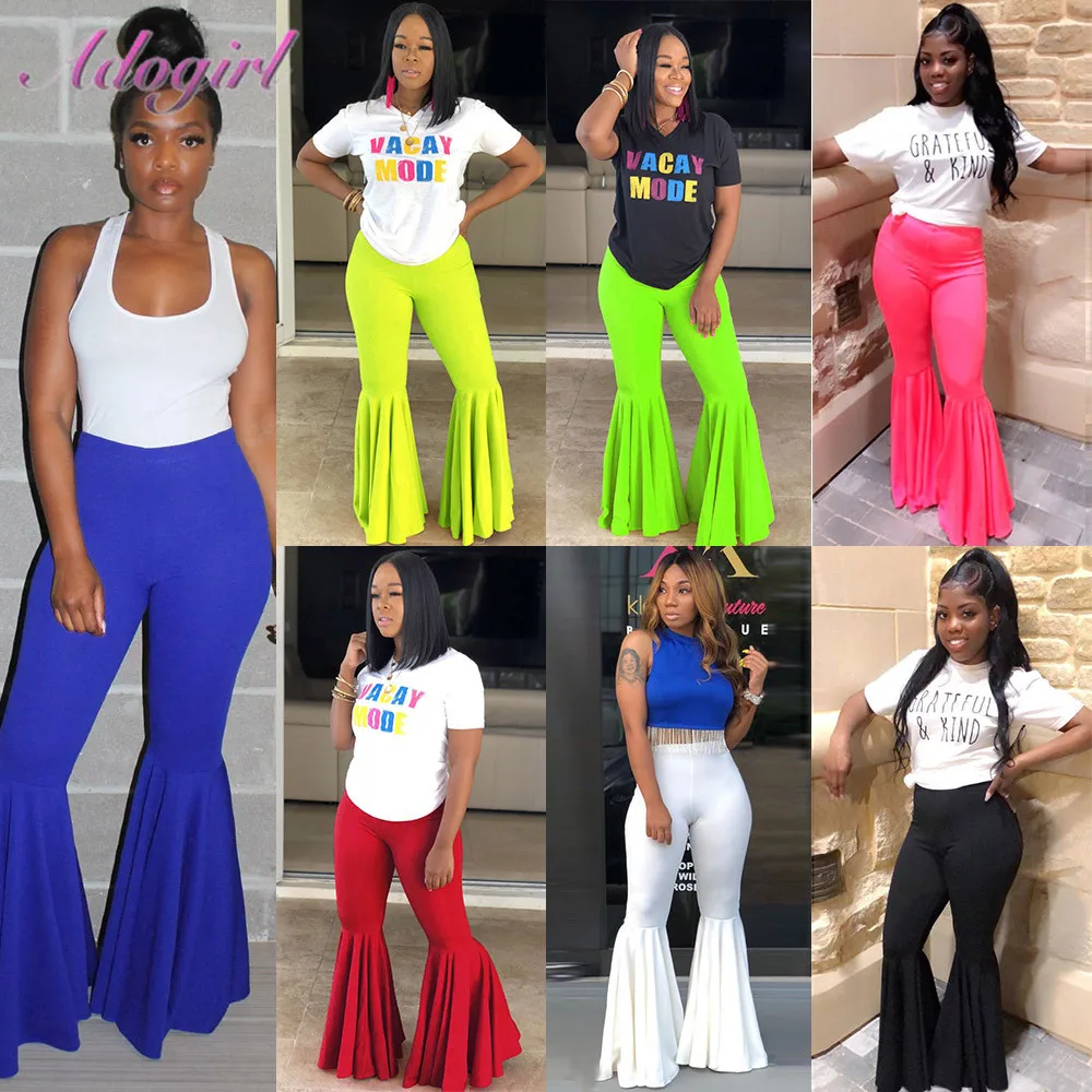 Plus Size 5XL Pants Casual Neon High Waist Full Length Elastic Flare Women Sexy Ruffles Hem Trousers Leggings | Женская одежда