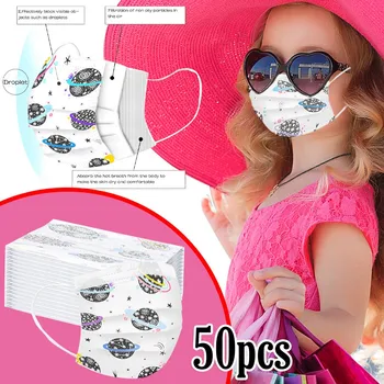 

40# 50pc Children's Cute Printed Mask Disposable Face Mouth Mask Dustproof Windbreak Reusable Breathable 3ply Ear Loop Маска