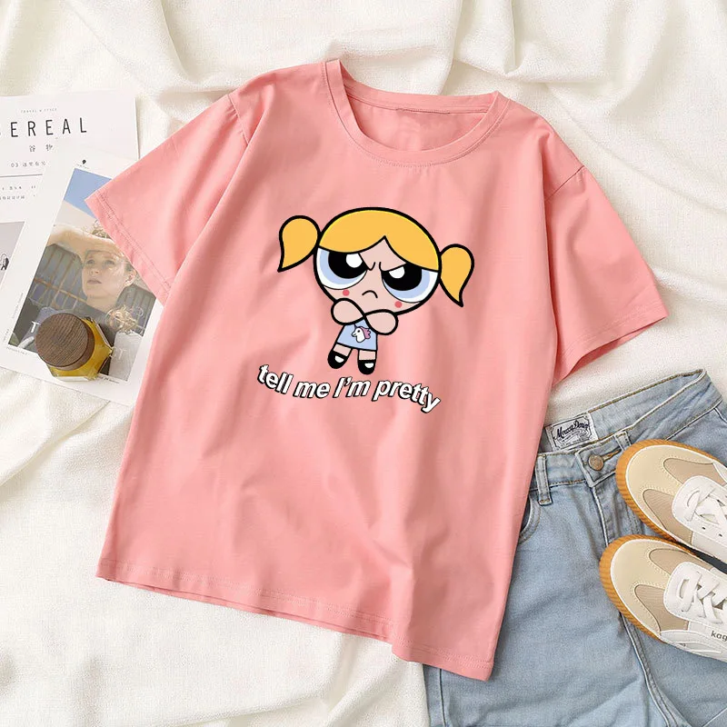 Новая модная футболка Kawaii Powerpuff женская одежда милая с героями мультфильмов