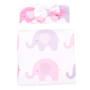 

Newborn Baby Swaddle Floral Receiving Blankets with Headband Value Set Elephant