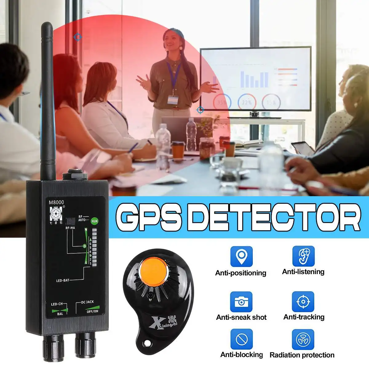 

1MHz-12GH M8000 Anti-Spy Detector GSM RF Signal Detector Auto Search GPS Tracker Bug Finder with Long Magnetic