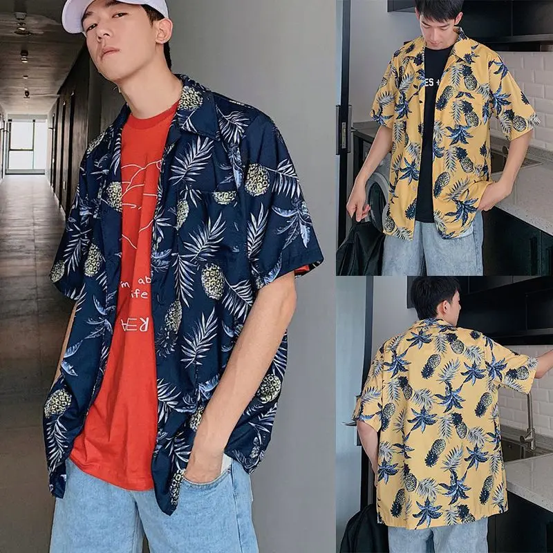 Men Fashion Summer Shirts Leaves Flower Pineapple Print Loose Short Sleeve Shirt Male Hawaiian Style Beach Shirt x