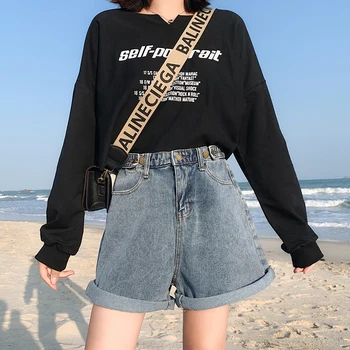 

2020 Summer Denim Shorts Women Wide Leg Casual Shorts Korean Style High Waist White Hemmed Short Pants Streetwear