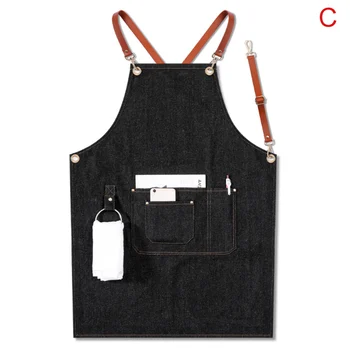 

Bib Apron Bartender Multi Pocket Work Uniform BBQ Chef Casual Removable Denim Baker Leather Strap Adjustable Barista-35