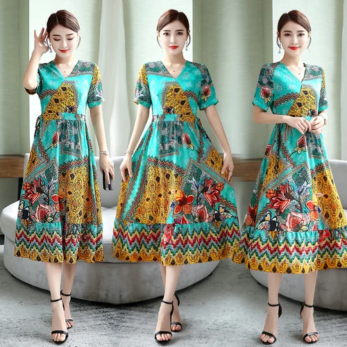 

Vintage bohemian summer dress women v-neck boho chiffon beach dress women Ladies elegant print long holiday midi dress female