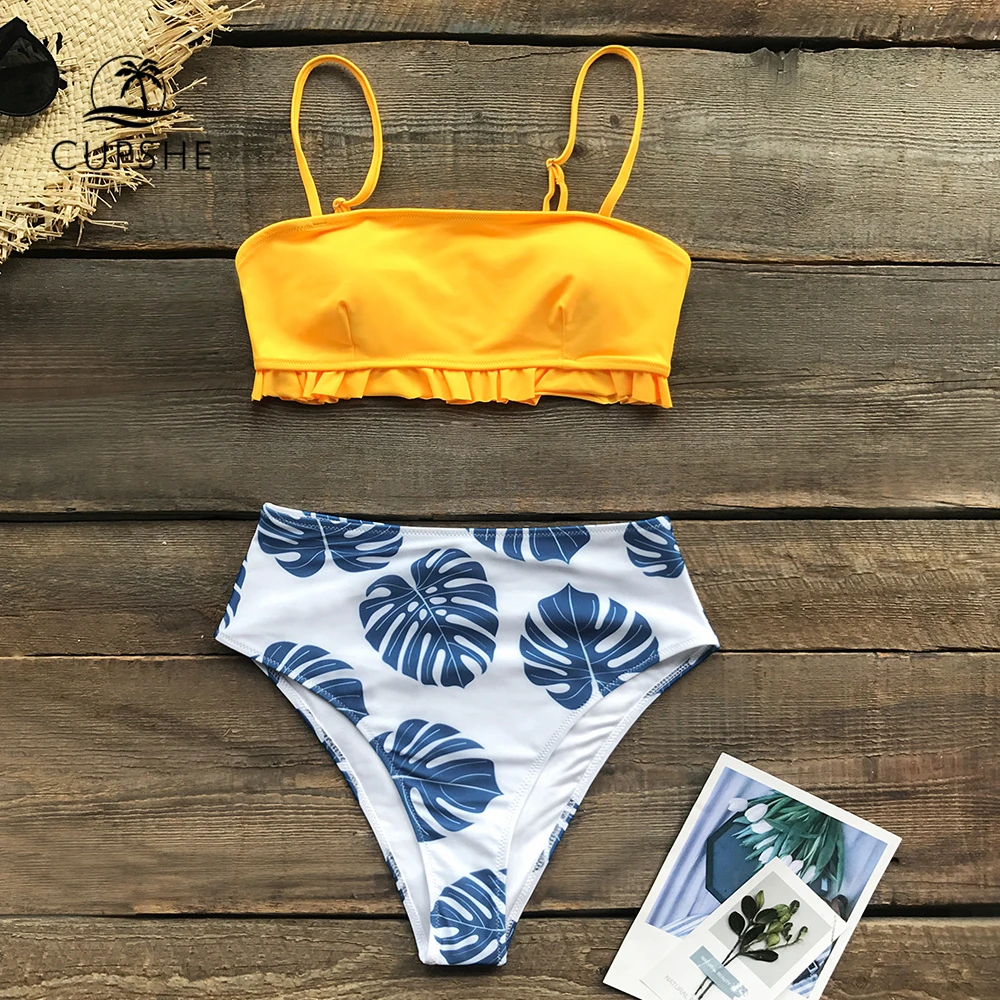 

CUPSHE Yellow and Monstera Print Bandeau Bikini Sets High-waisted Swimsuit Two Pieces Swimwear Women 2019 Beach Bathing Suits