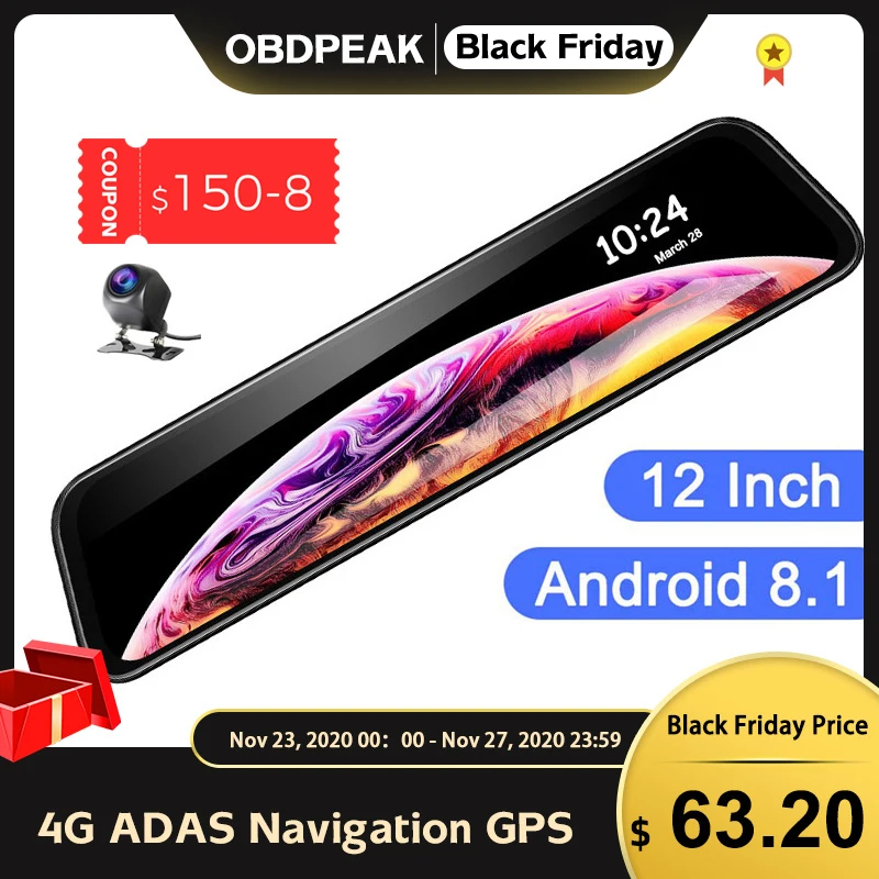 Новый 12 &quot4G Автомобильный видеорегистратор приборная панель камера GPS Android 8 1