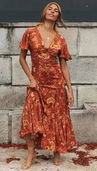 

Hipppie Floral Print Maxi Dress 2020 Summer V Neck Ruffle Sexy Short Sleeve Vintage Vestido Beach Boho Casual Long Dresses Women