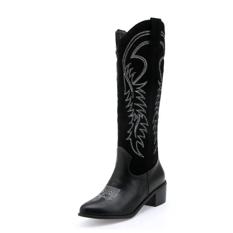 RIZABINA/ г. Новые сапоги до колена модные высокие сапоги с вышивкой зимняя теплая обувь на среднем каблуке с круглым носком женская обувь, размер 33-46 - Цвет: Черный