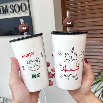 

Korean Bear Straight Ceramic Cup Cartoon Straw Water Cup Business Office Male and Female Students Cute Gift Cup