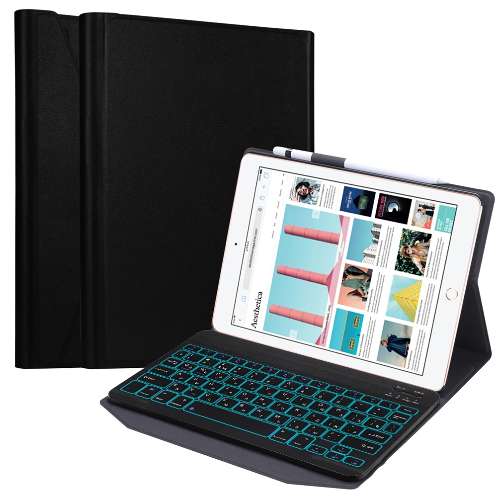 

For Air 1 Air 2 Pro 9.7 inch French 7 Colors Backlit Tablet Bluetooth Keyboard Protective Cover with Leather Case Pen Slot