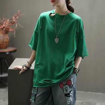 

2020 Summer Loose Hole T Shirt Vintage Leisure Short Sleeve Women's Top Pullover Soft Cotton T Shirt Harajuku Tees Female Z2