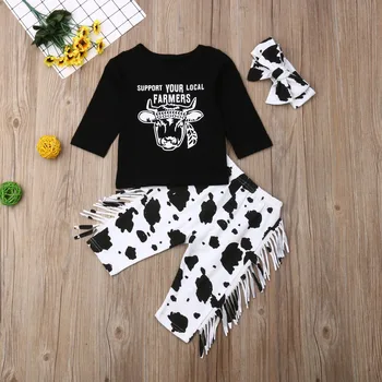

Baby Girl Boy Clothes Set 2019 Toddler Infant Autumn Long Sleeve Letter T-shirt Cow Pants Headband Outfit Clothing 0-24M 3PCs