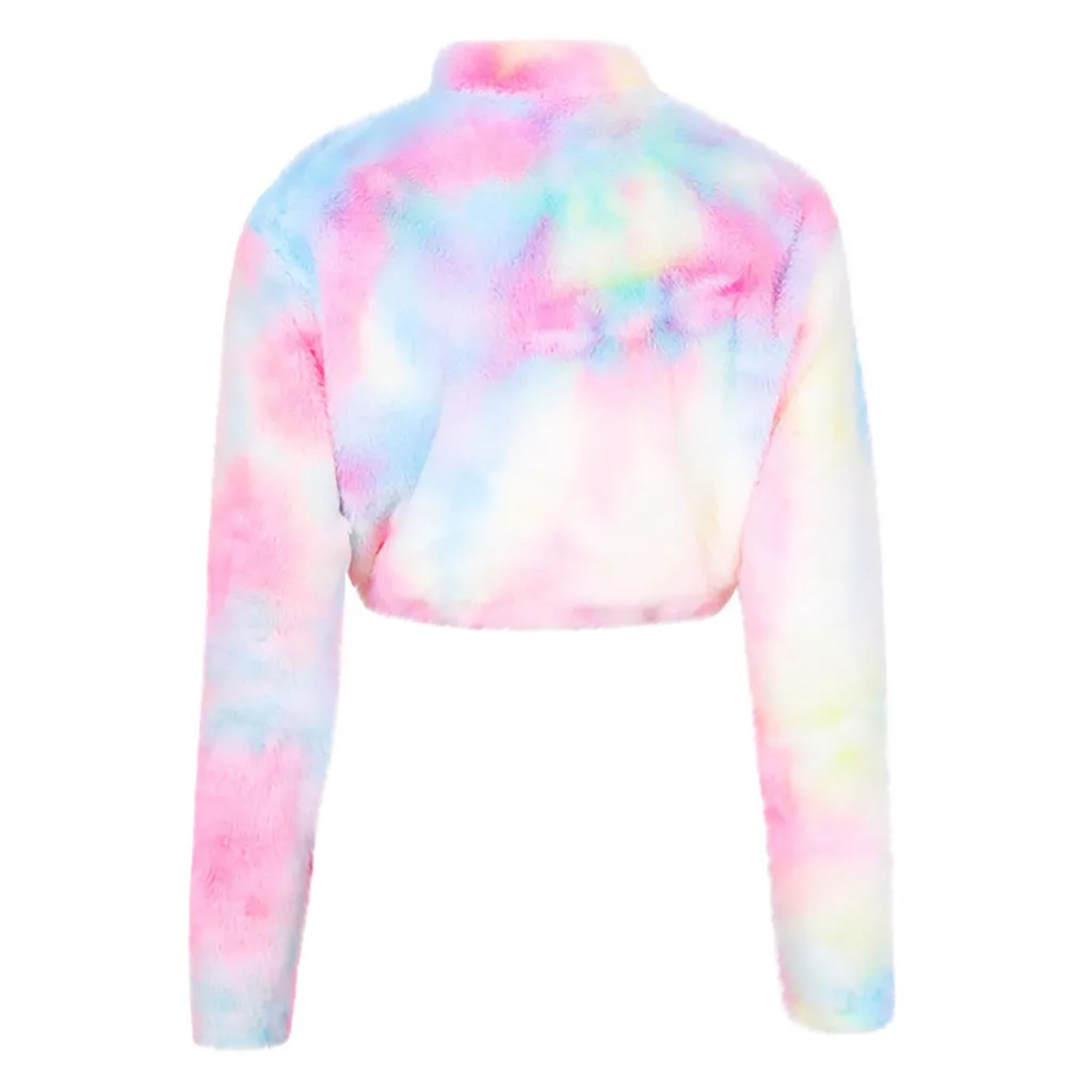 Tie Dye худи укороченный женский осенне-зимний Пуловер короткий Свитшот плюшевый на молнии с длинным рукавом укороченный Топ Футболка с водолазкой