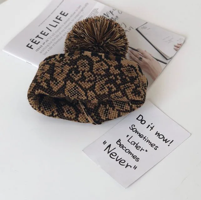 Vantage вязаная шапка теплая леопардовая печать Pom Beanies шапка женские зимние шапки для женщин