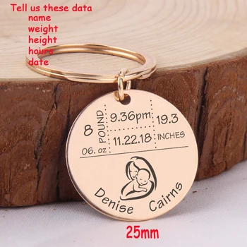 

For New Mom's Keychain Gift Personalized Baby's Information Baby Birth Stats Fashion Stainless Steel Round Jewelry