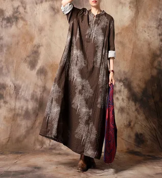 

Women Spring Autumn Mandarin Collar Irregular Ankle Length Dress Ladies Vintage 2020 Retro Printed Female Cotton Linen Dresses