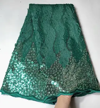 

2019 African Net Lace Fabric, High Quality Elegant green Sequins Nigerian Wedding Lace Fabrics 5Yards Sequins French Tulle lace