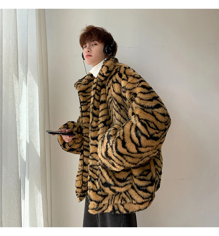 Jackets Man Tiger Grain Imitate Leather Men Tiger Pattern Fleece Fur Fluffy Coat Jacket Jumper Outwear Oversized Warm Outwear