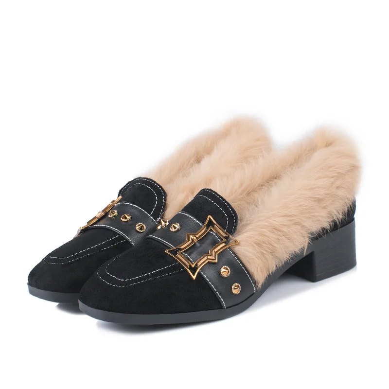 2019 Winter Slip-on Ankle Boots Women Low Heel Non Slip Warm Furry Cotton Shoes Autumn Fur Thick Velvet Pink Black Shoes Female