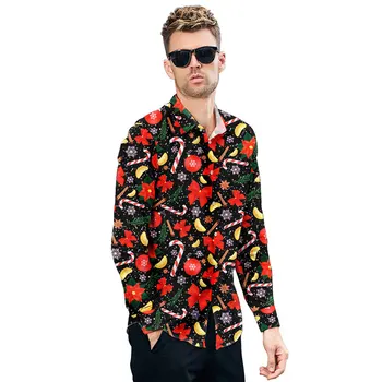 

2019 NEW Fashion Mens Snowman Printed Christmas Shirt Long Sleeve Man 3D Print Snowflake Walking Stick Shirt Camisa Masculina
