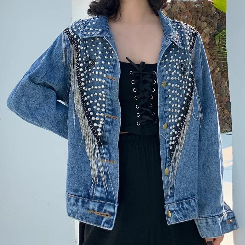 

Chaquetas Mujer Autumn Streetwear Denim Jacket Women Hand-studded Rivets Tassels Chain Short Jeans Jacket Loose Black Blue Coats