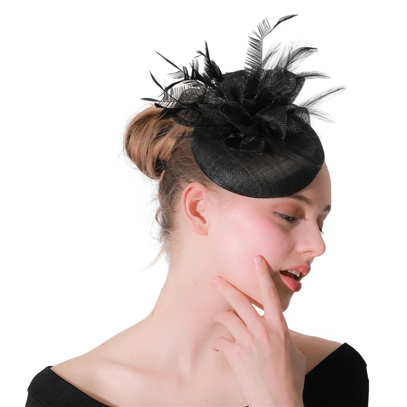 vintage millinery fedora hat Women Wedding hair fascinators hats navy beauty sinamay loops headpiece feather married headdress