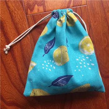 

Cotton Linen Drawstring Sorted Pouch Party Gift Bag Print Lemon Blue Base YILE