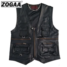 Multi Pocket Vest Men Black Photography Vests Genuine Leather Motorcycle Biker Waistcoat Male Autumn Sleeveless Jacket For Men
