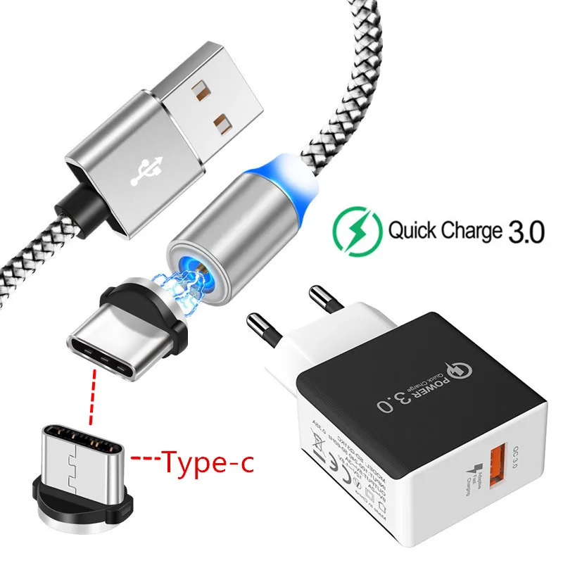 Магнитный USB кабель типа C и Адаптивное QC 3,0 быстрое зарядное устройство для телефона Galaxy feel 2 S8 huawei P20 lite P30 Pro mate 10 9 Honor 20 8 - Тип штекера: EU charger and cable