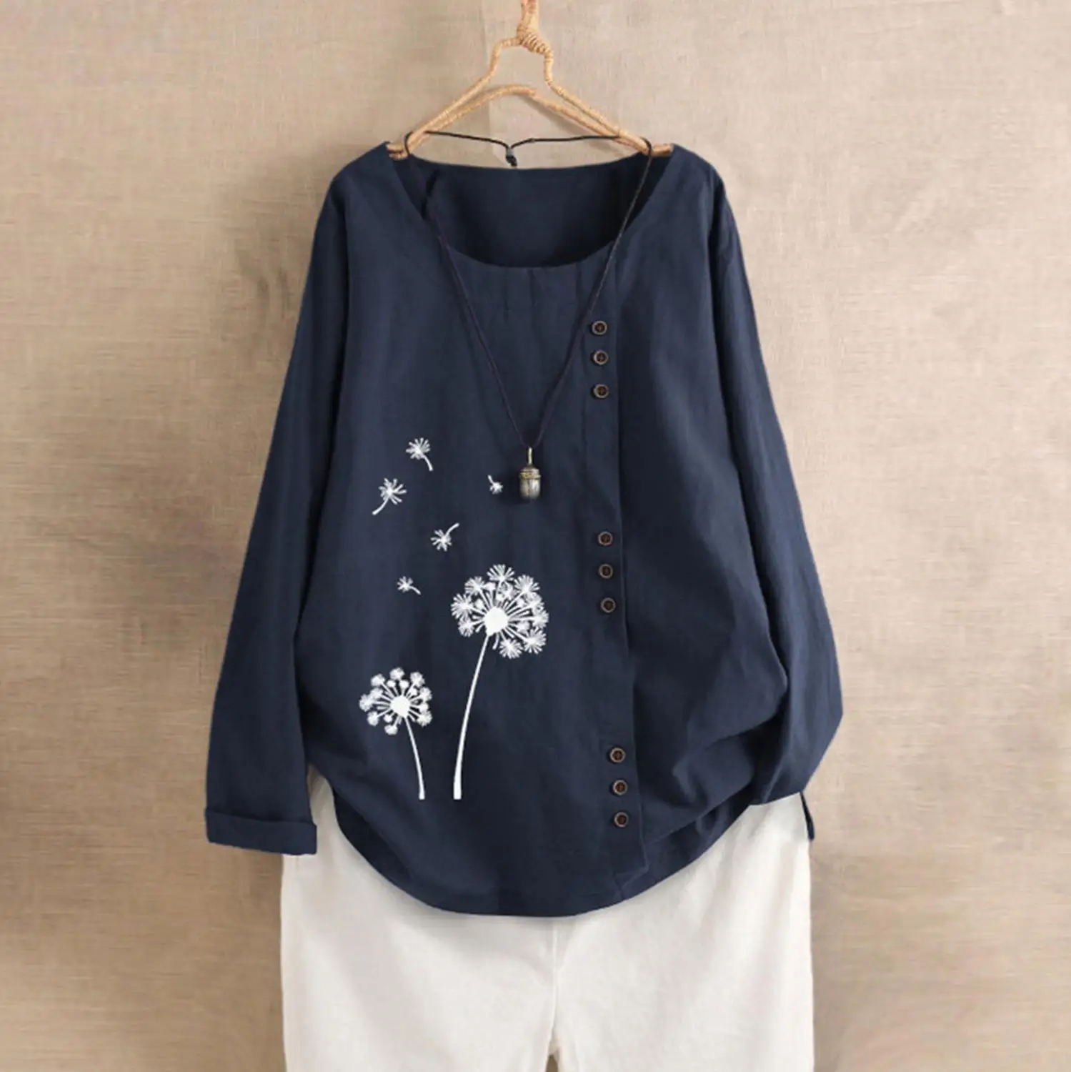 

Women Blouses Casual Loose Button Linen Plus Size Print Boho Tanic Shirt Blouse Linen Tops Long Sleeve L*5