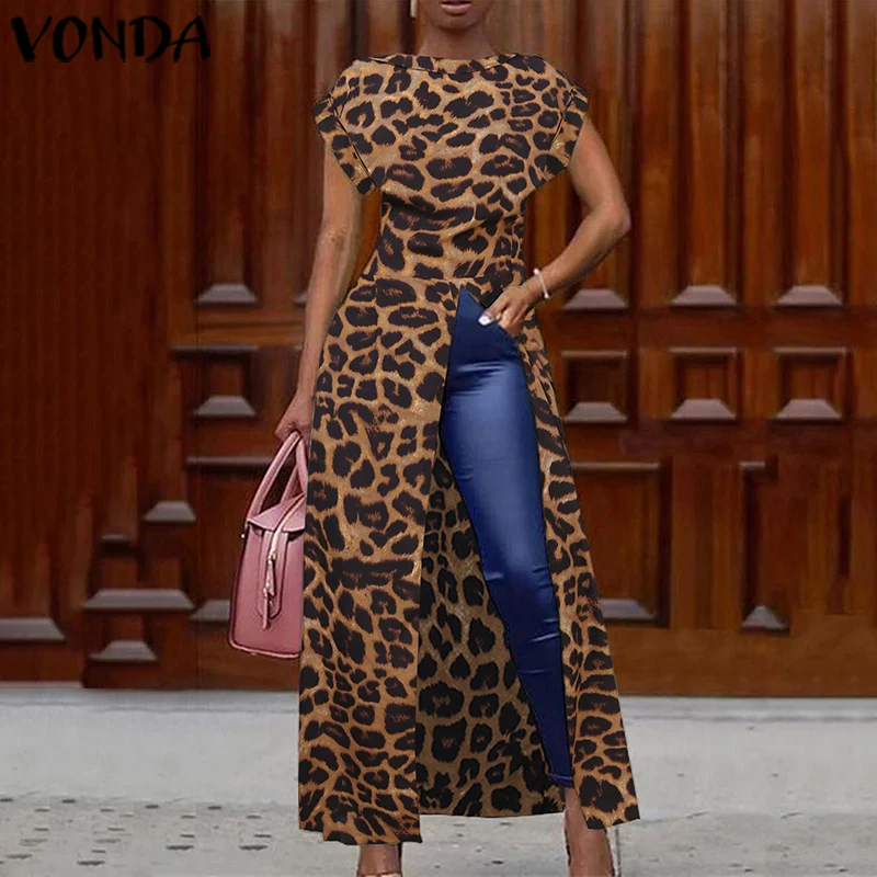 Elegancki wzór w cętki bluzka kobiety tunika VONDA 2022 bluzki damskie w  stylu Vintage długie koszule biuro wakacje Split Party Blusas  Femininas|Blouse| - AliExpress