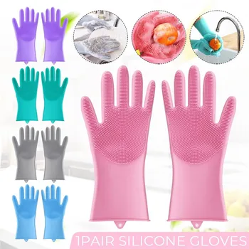 

1 Pair Dish Washing Gloves Magic Silicone Dishes Cleaning Gloves With Cleaning Brush Kitchen Wash Housekeeping Scrubbing Gloves