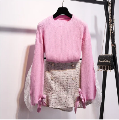 Женское осенне-зимний модный женский кружевной свитер в стиле пэчворк комплект из двух предметов+ Винтажный твидовый в клетку юбки "рыбий хвост" - Цвет: Sweater and Skirt