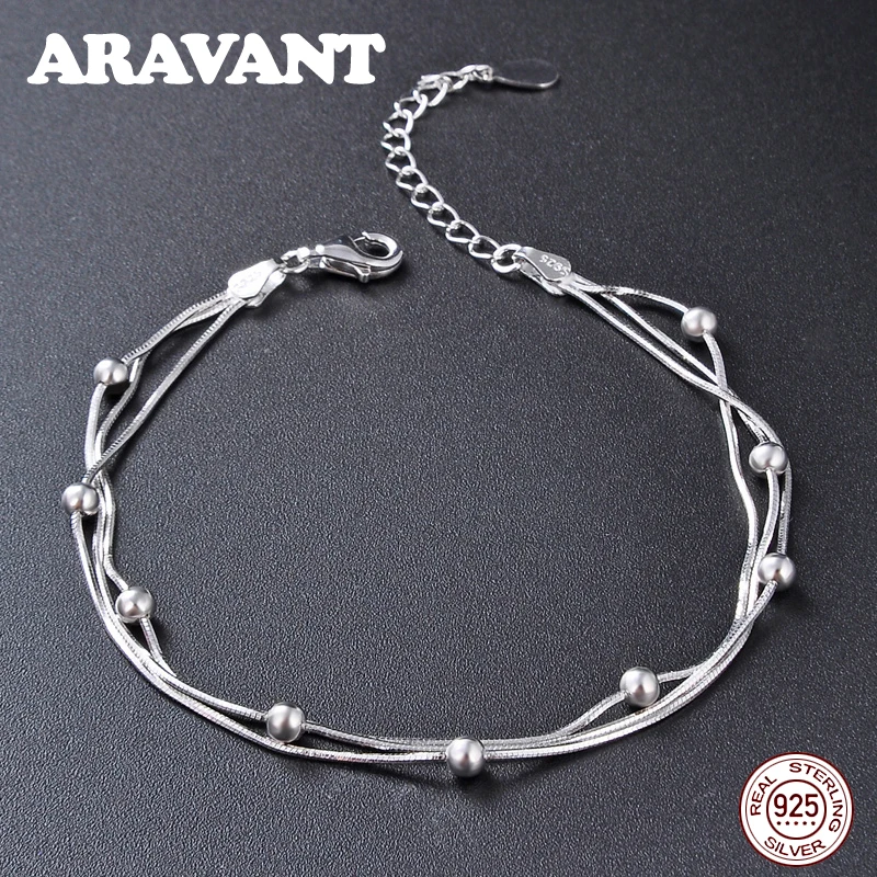 925 пробы серебряные ювелирные изделия три линии гладкие браслеты из бусин для женщин